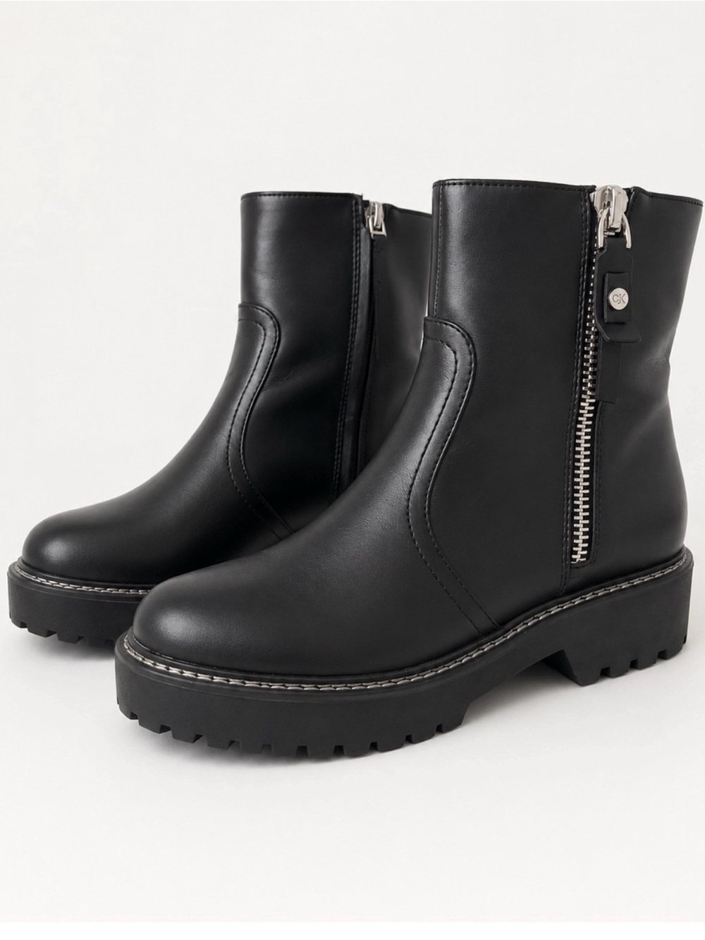 Calvin Klein Black Chunky Lug Platform Moto Ankle Boots 8.5